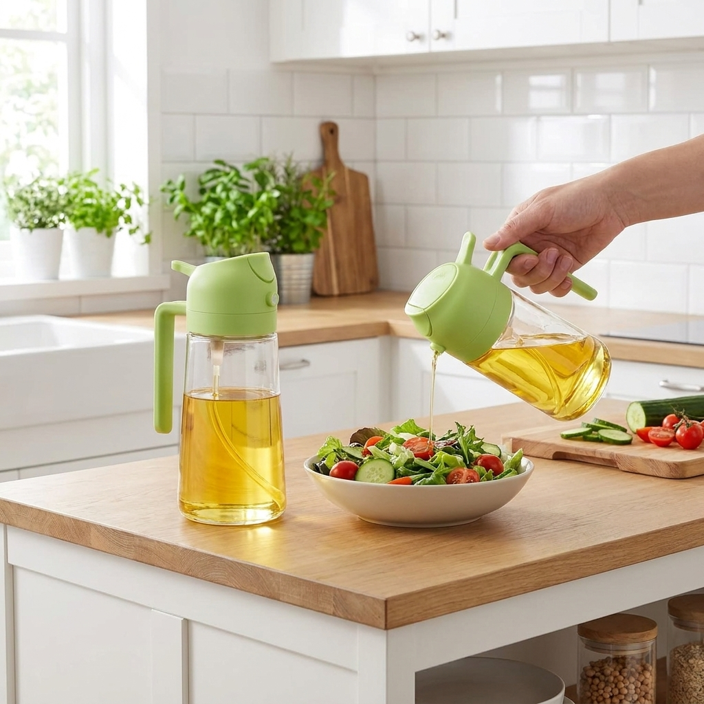 2 Pack Oil Dispenser And Sprayer Bottle in use, lifestyle setting