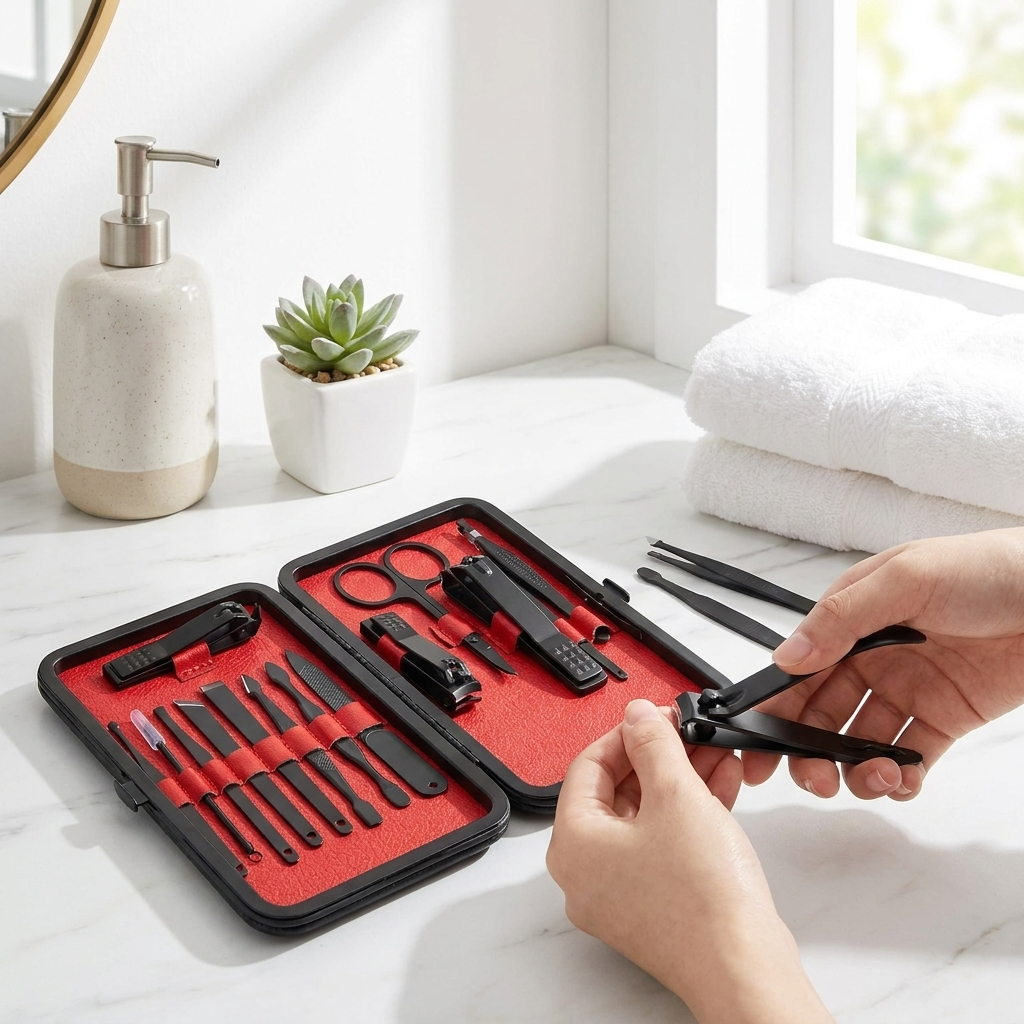 15 Piece Professional Manicure Set With Travel Case in use, lifestyle setting