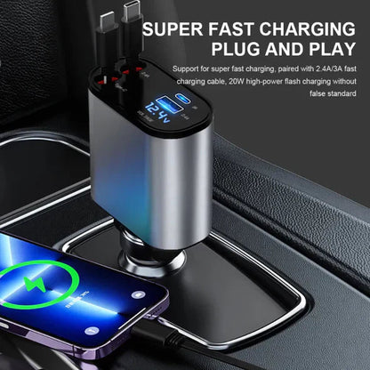 Chargeur Voiture 4en1 — Câbles Toujours Prêts