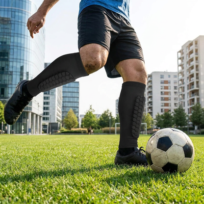 1 Pair Honeycomb Soccer Shin Guards in use, lifestyle setting
