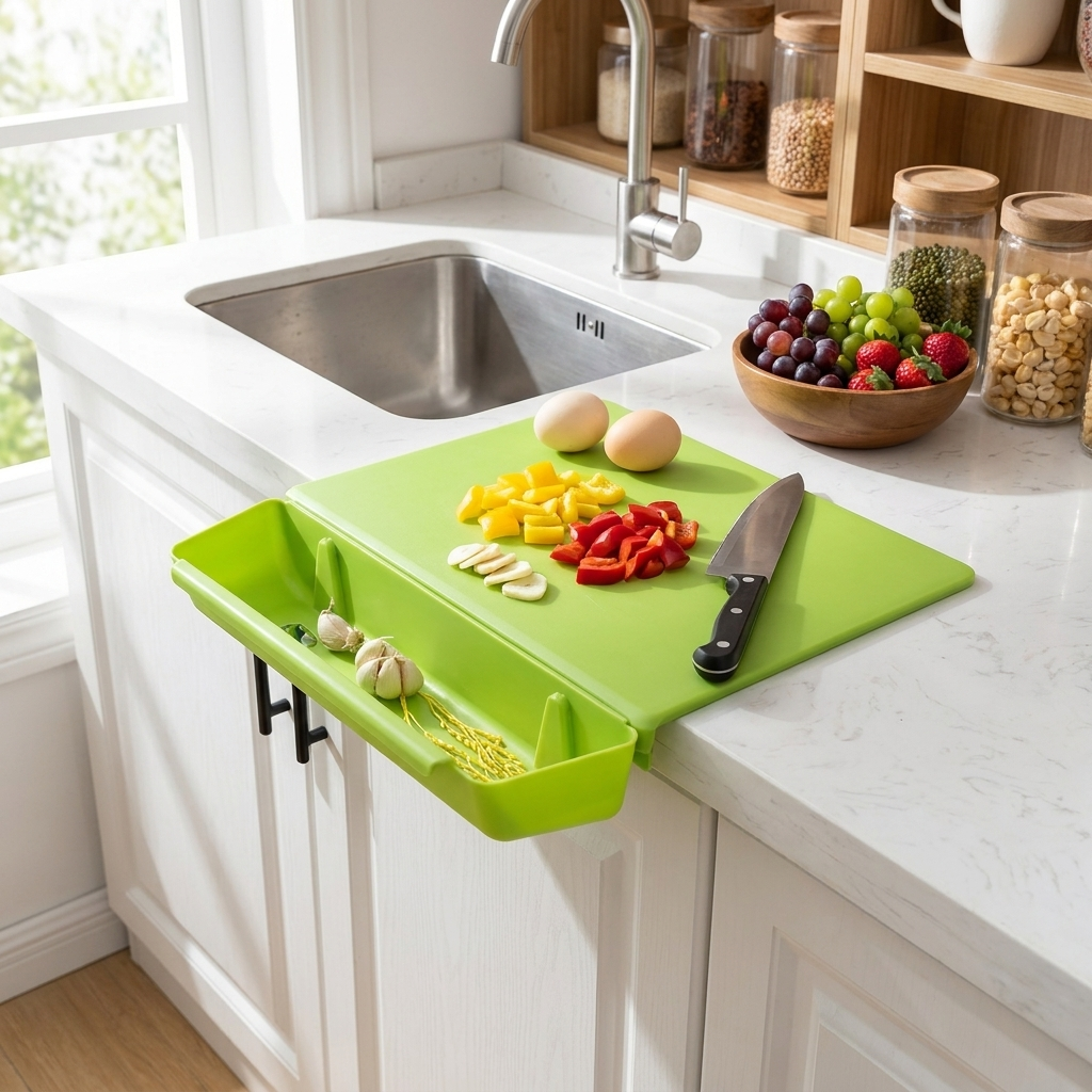 2 in 1 Cutting Board with Container Tray in use, lifestyle setting