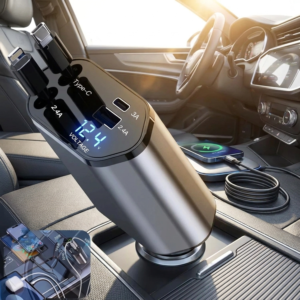 120W Retractable Car Charger in use, lifestyle setting