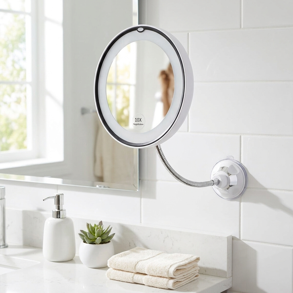 10X LED mirror on suction cup in use, lifestyle setting
