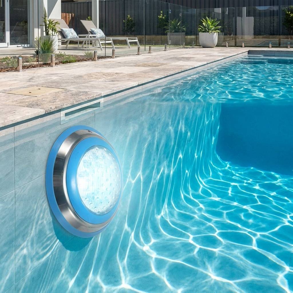 15W LED Stainless Steel Wall-Mounted Pool Light in use, lifestyle setting