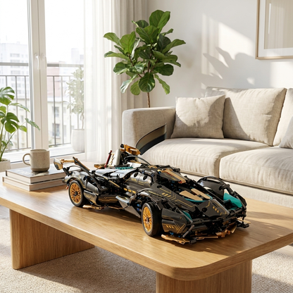 1690 Piece V12 Model Car Building Block Set in use, lifestyle setting