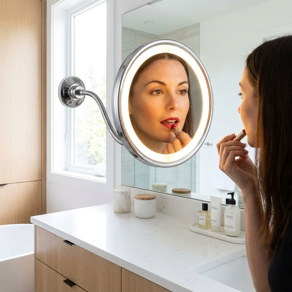 10X Magnifying LED Lighted Flexible Mirror in use, lifestyle setting