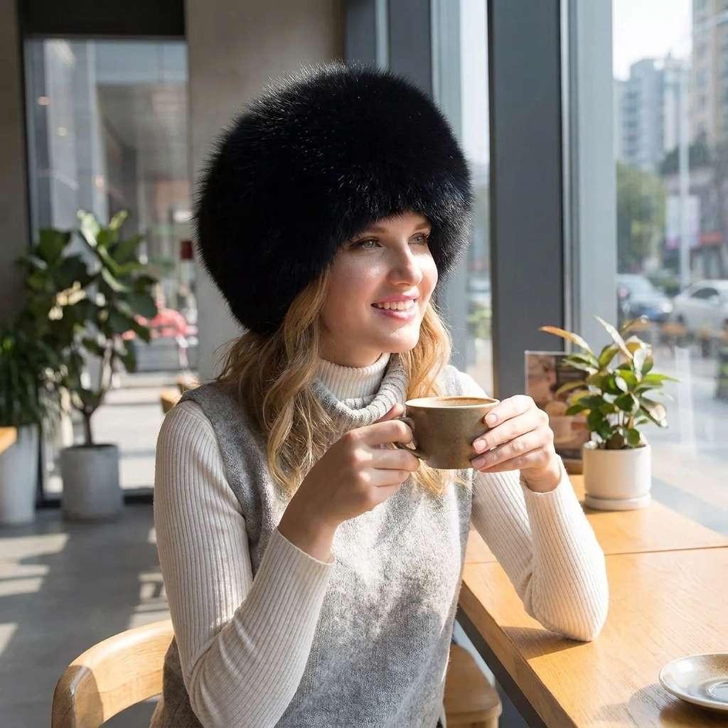 100% Natural Fox Fur Hat Women Cap in use, lifestyle setting