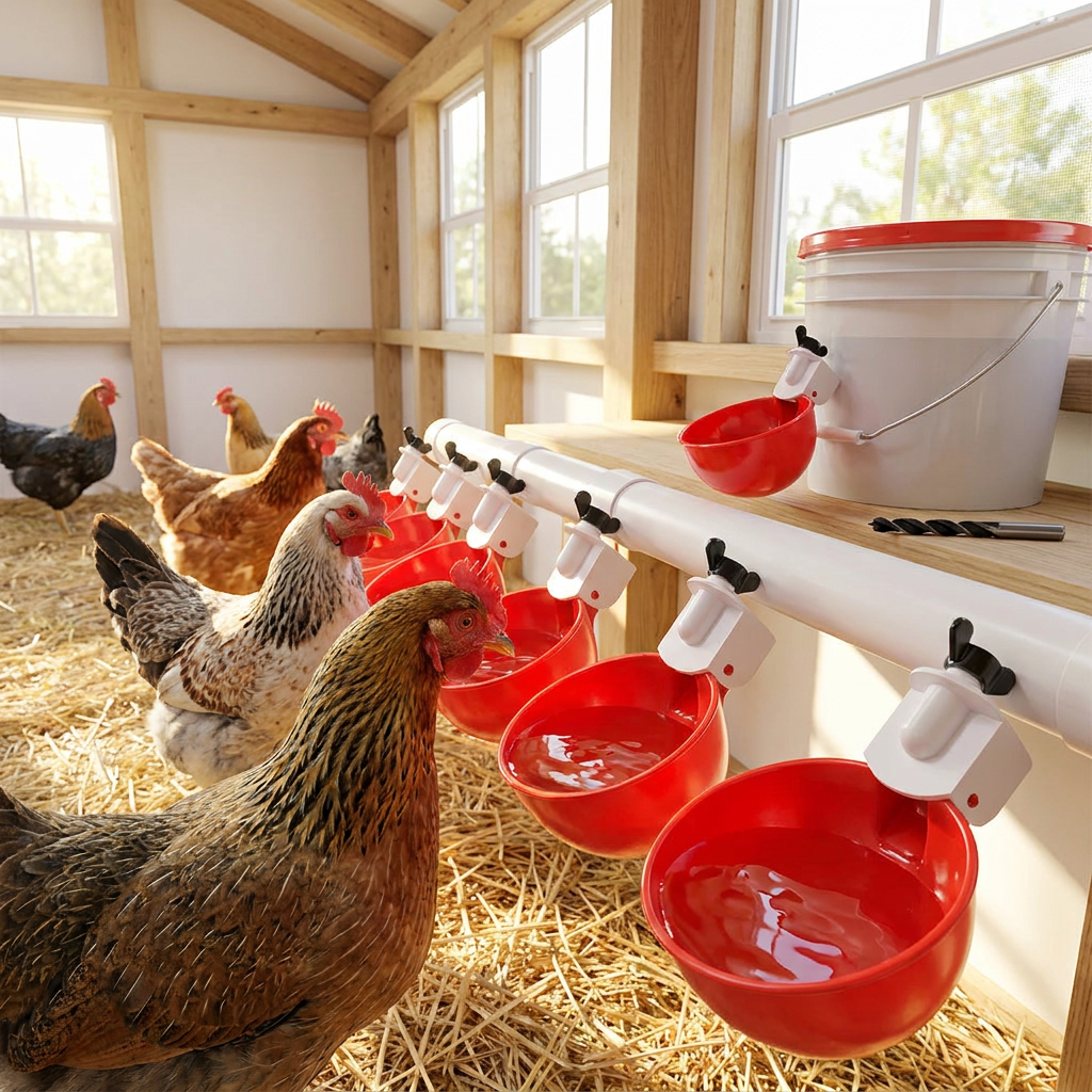 10 Pcs Chicken Waterer in use, lifestyle setting
