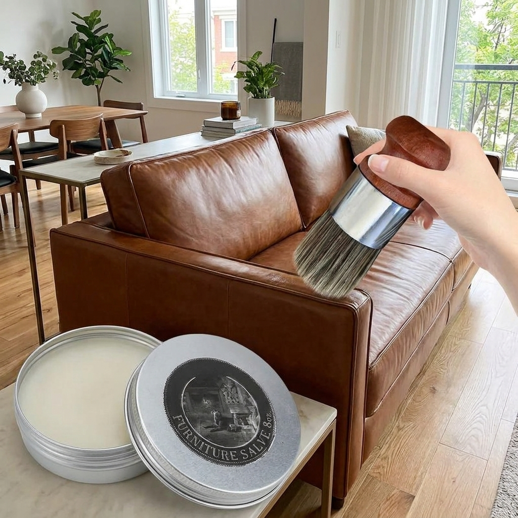 120ml Leather Furniture Salve Set in use, lifestyle setting