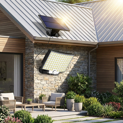 106 LED Solar Outdoor Light With Motion Sensor in use, lifestyle setting