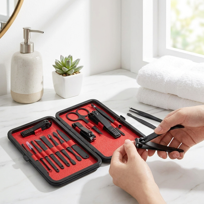 15 Piece Professional Manicure Set With Travel Case in use, lifestyle setting