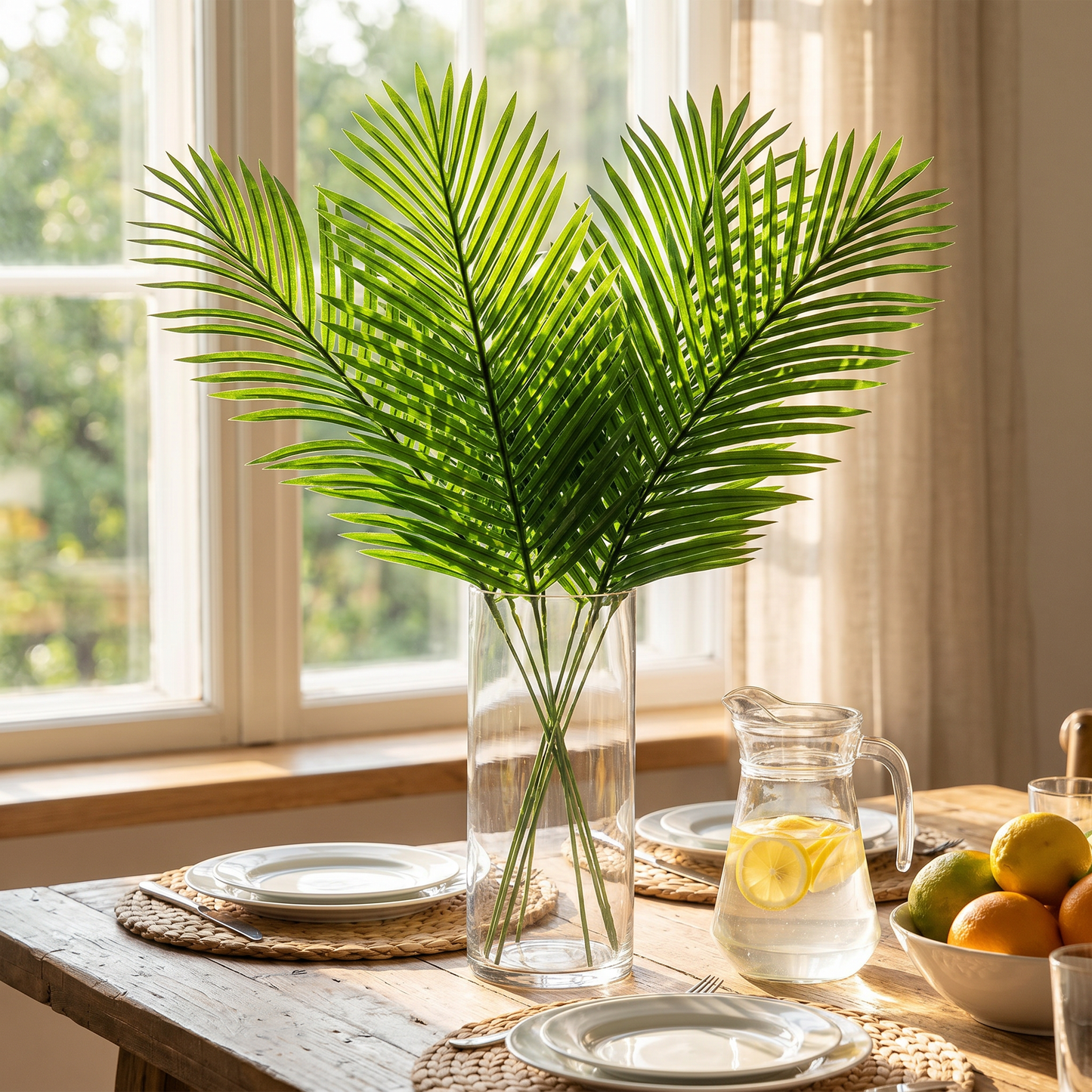 Feuilles de palmier artificielles dans un vase près d'une fenêtre