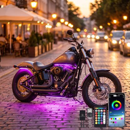 Moto équipée du kit LED garée le soir