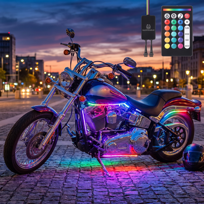 Kit LED installé sur une moto au crépuscule