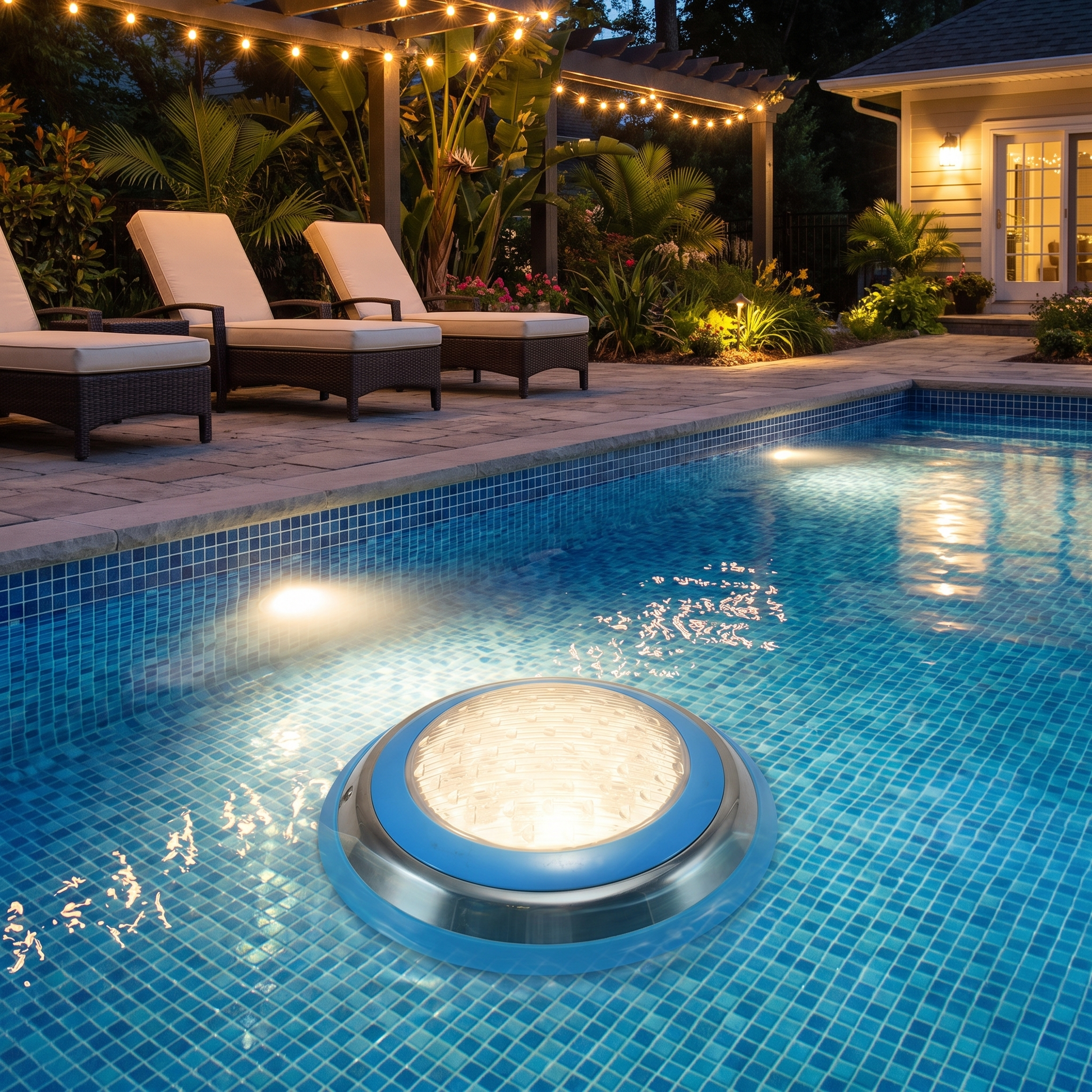Spot de piscine illuminant l'eau la nuit