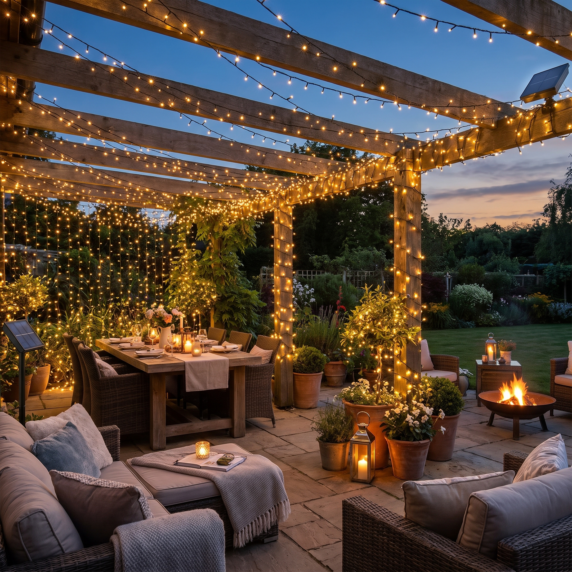 Guirlande solaire sur une terrasse au crépuscule