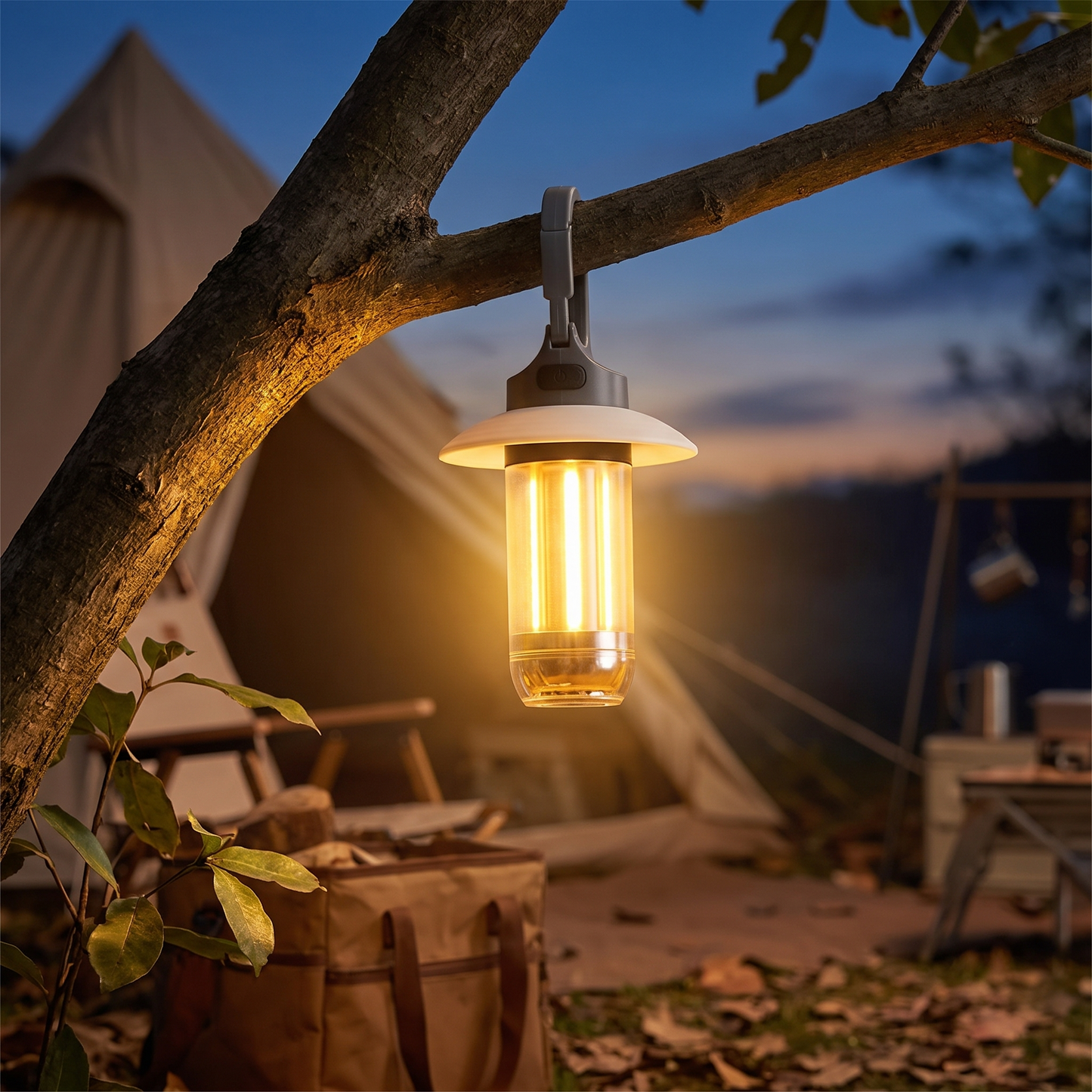 Lampe de camping suspendue au crépuscule