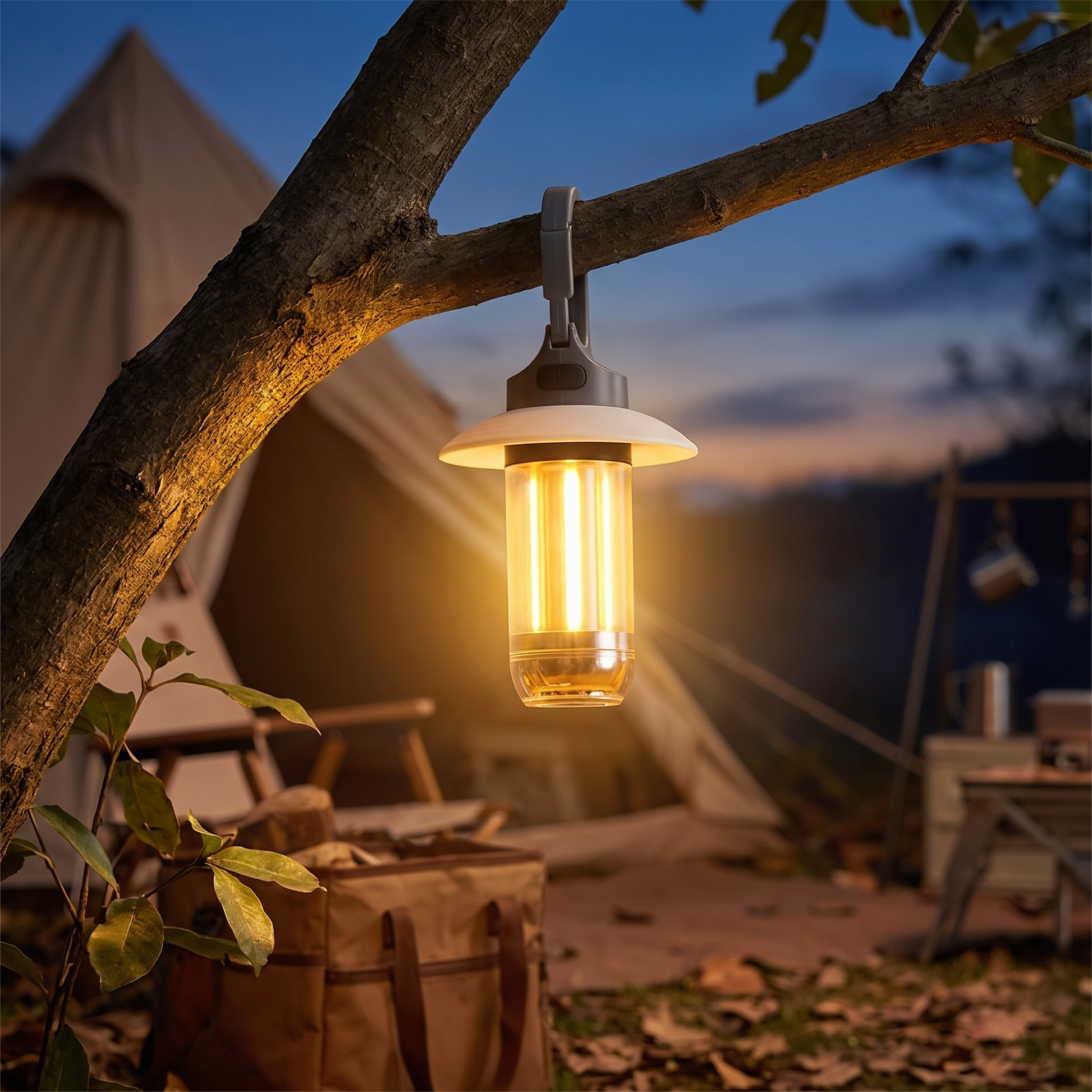 Lampe de camping suspendue au crépuscule