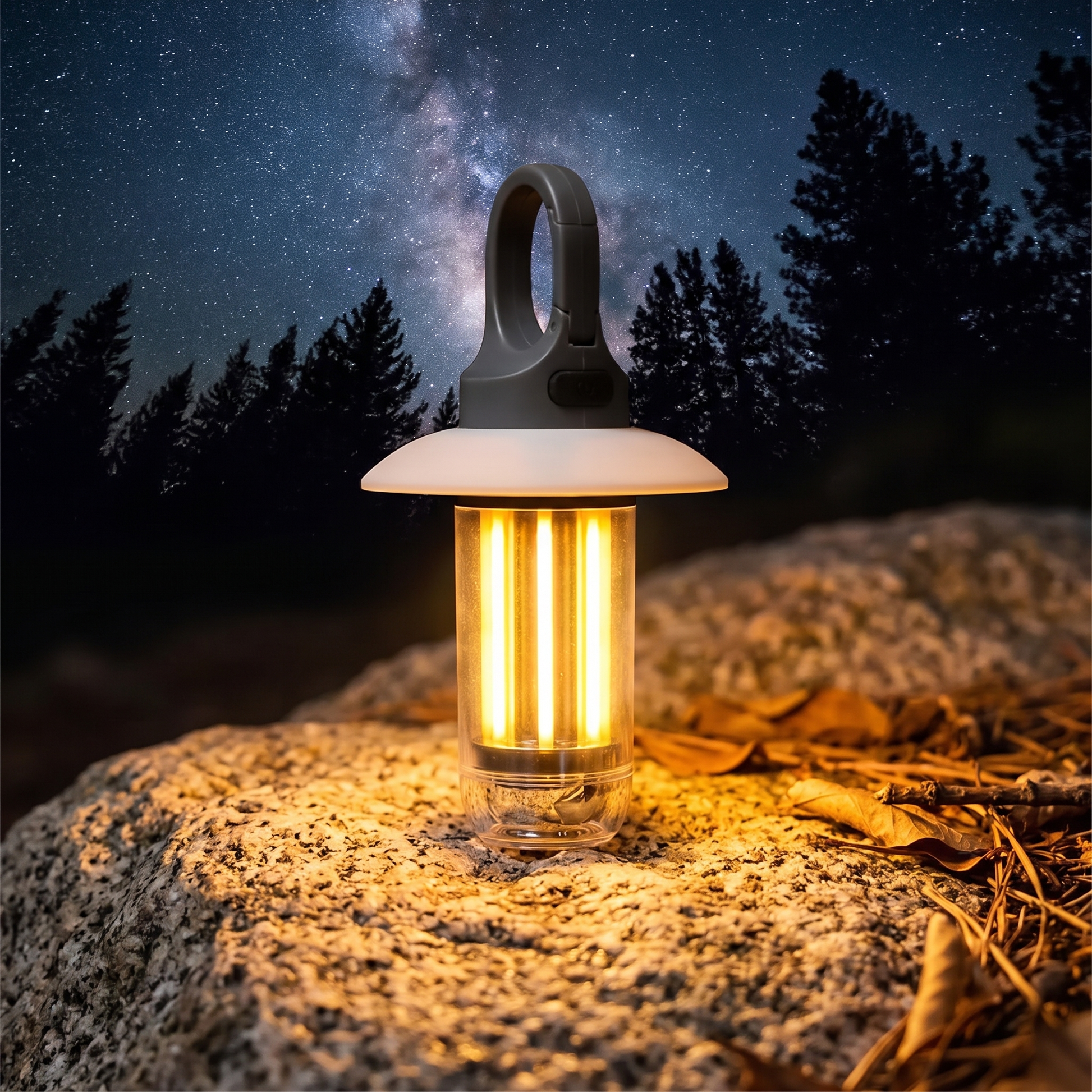 Lampe de camping sur un rocher la nuit