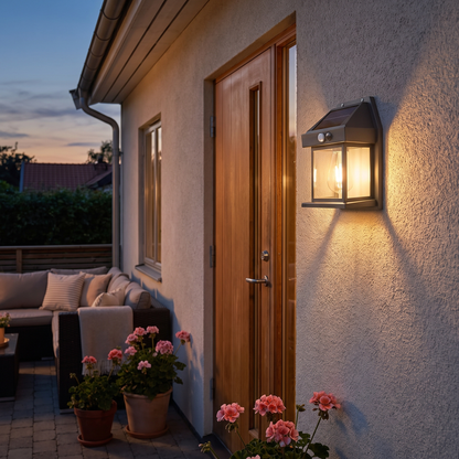 Lampe murale solaire près d'une porte au crépuscule
