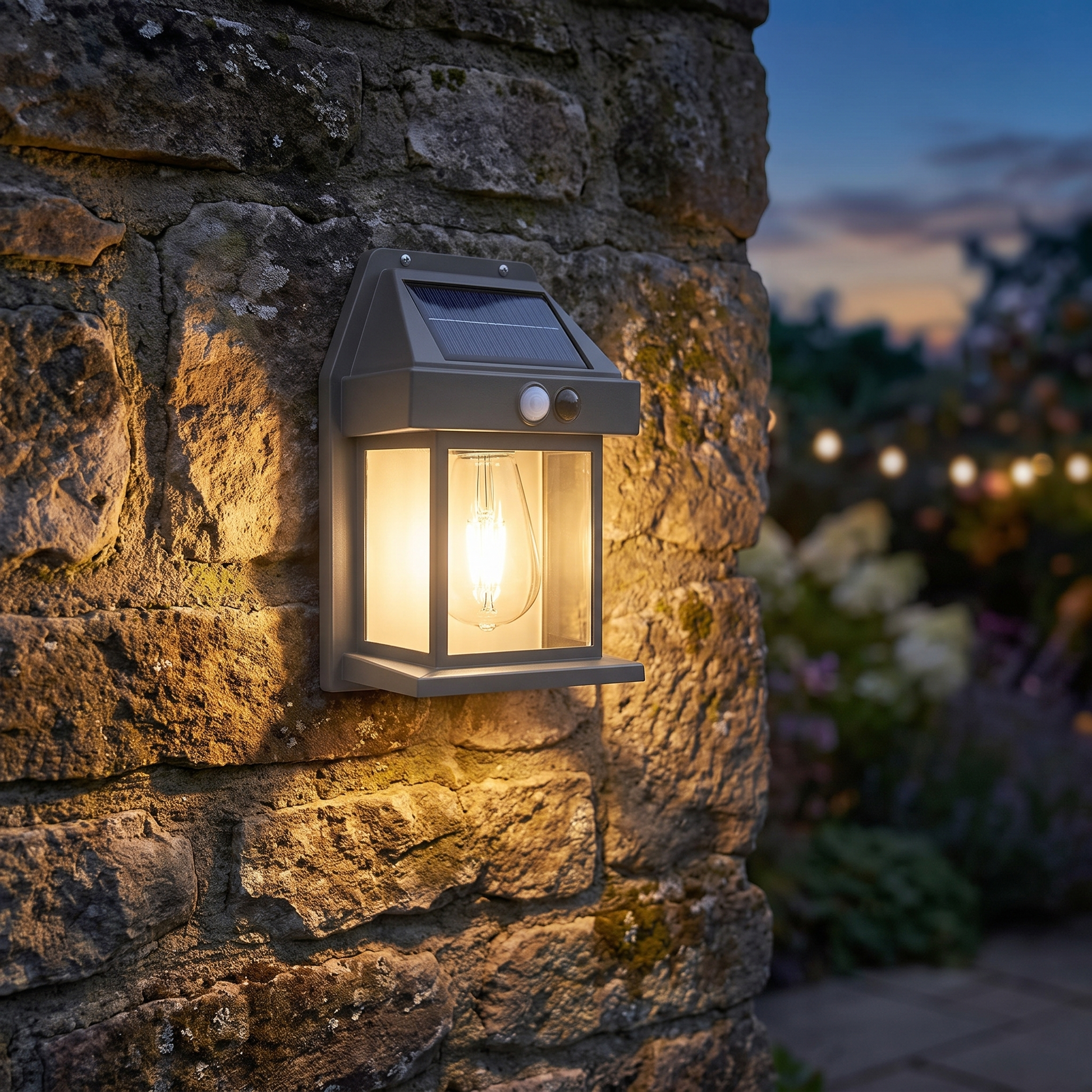 Gros plan d'une lampe murale solaire allumée