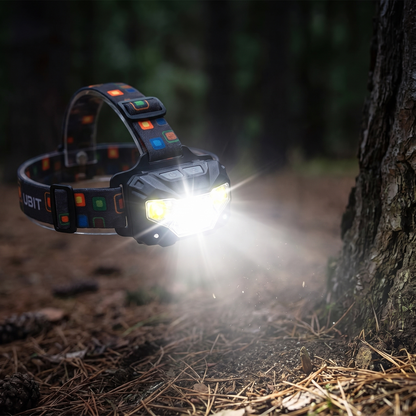 Gros plan de la lampe frontale avec faisceau allumé