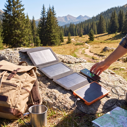 Batterie solaire rechargeant un smartphone en randonnée