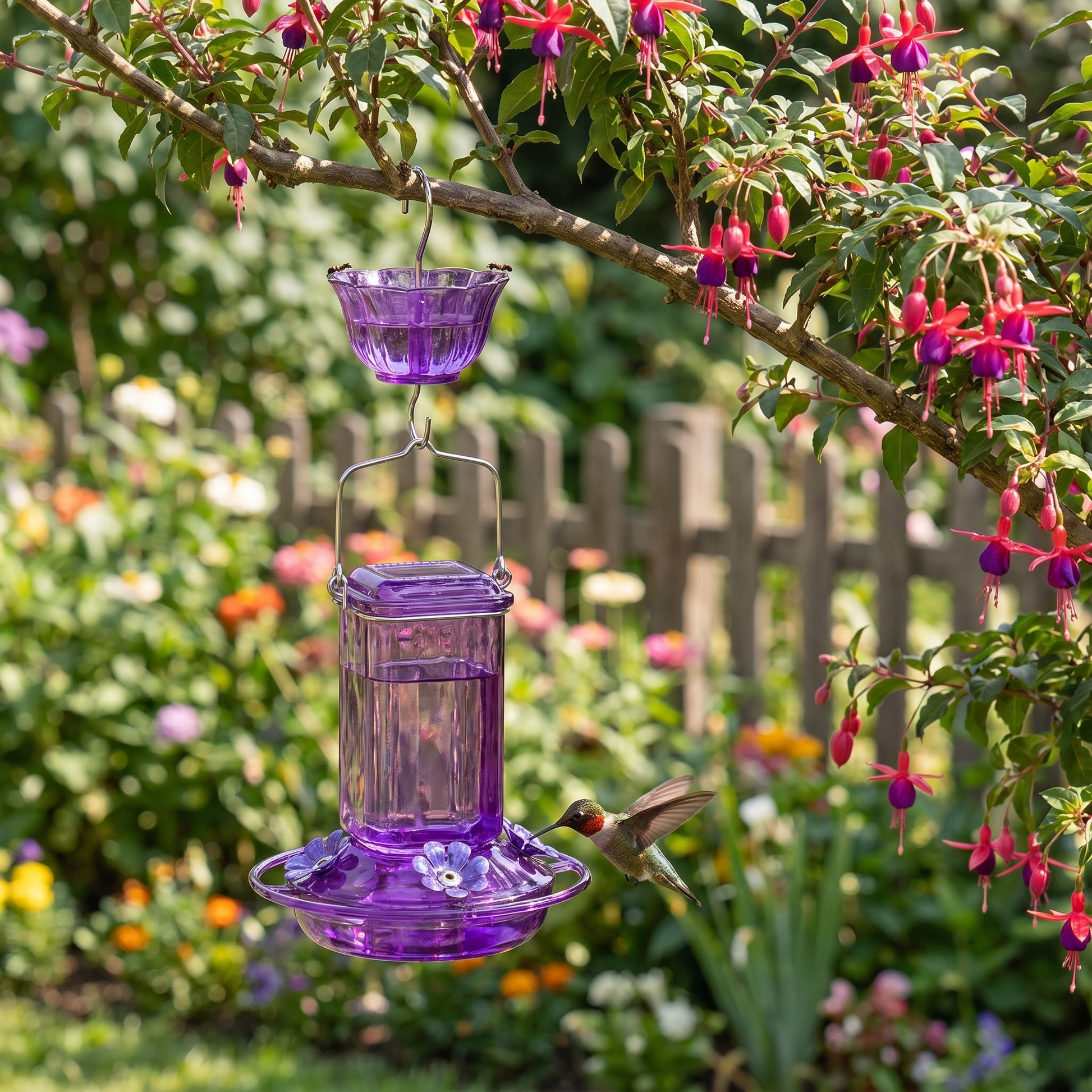 Mangeoire à colibris suspendue dans un jardin fleuri