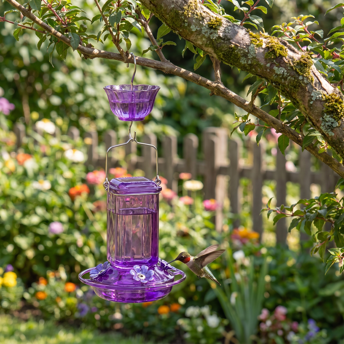 Mangeoire à colibris accrochée à une branche