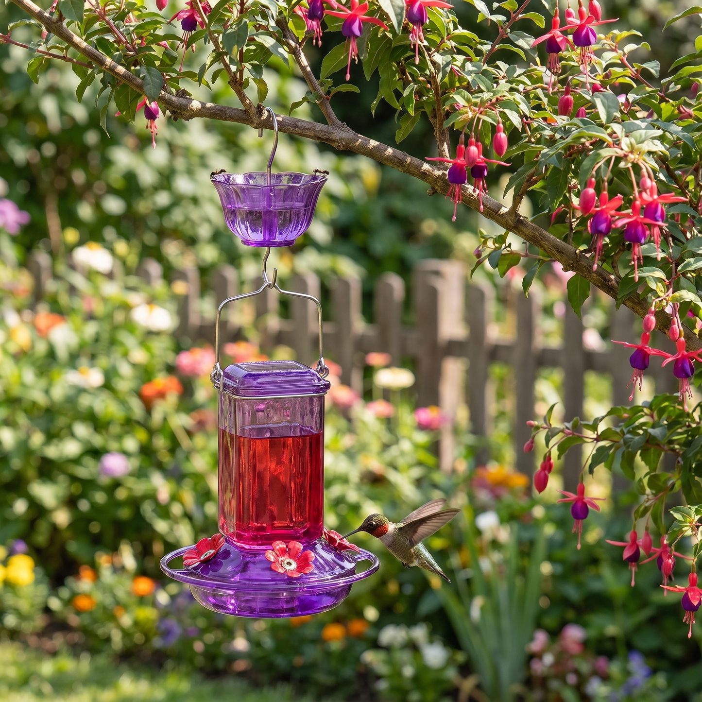 Gros plan de la mangeoire en verre remplie de nectar