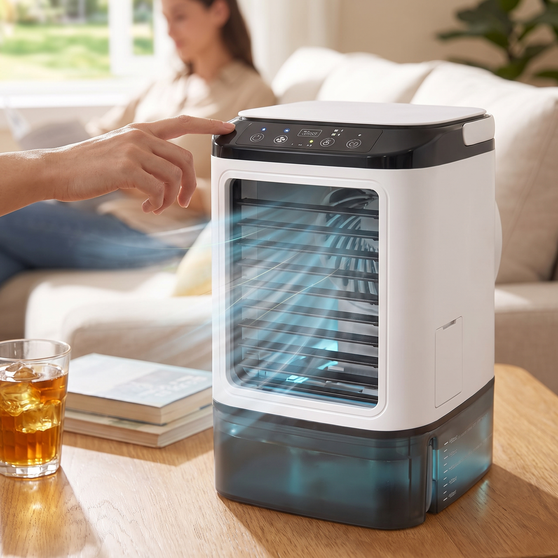 Gros plan des commandes du climatiseur portable
