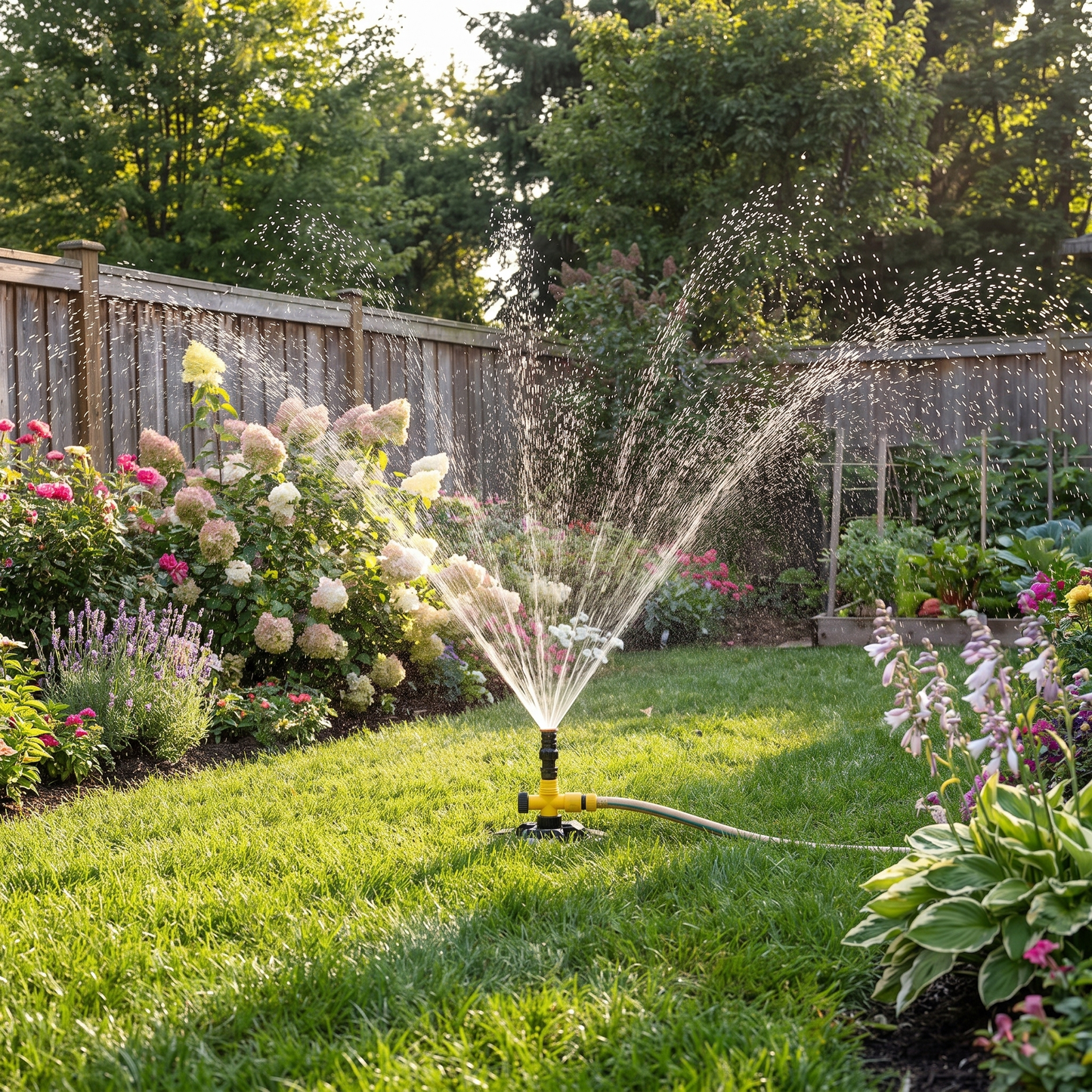 Arroseur rotatif arrosant un jardin