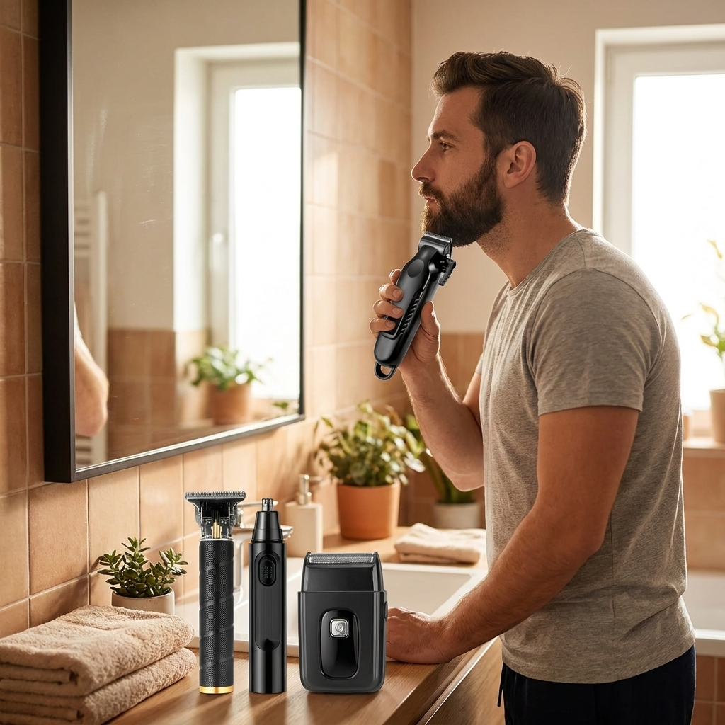 Homme taillant sa barbe avec la tondeuse du kit dans une salle de bain