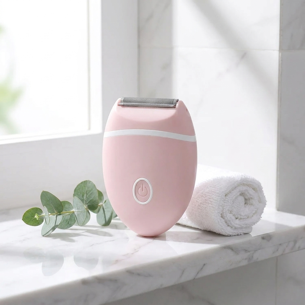 Rasoir électrique femme compact rose à tête grille sur un rebord de salle de bain en marbre