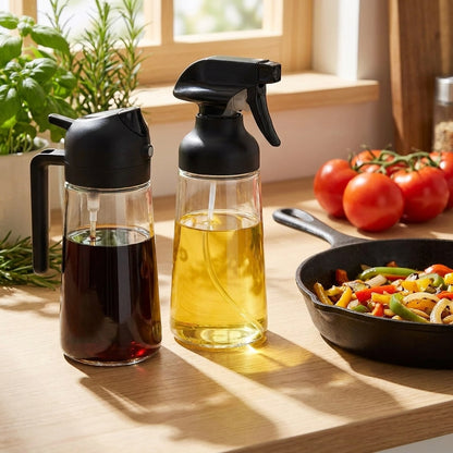 Duo de flacons huile posés sur un plan de travail : un verseur et un vaporisateur spray