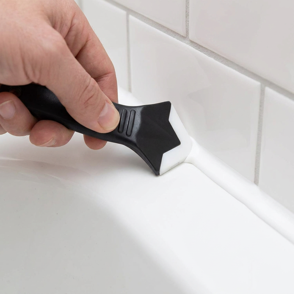Outil à joint silicone noir à embout blanc lissant un joint de baignoire