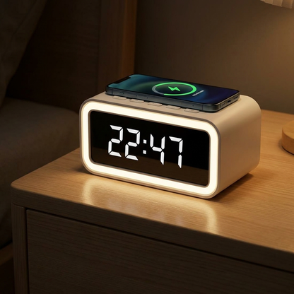 Réveil chargeur sans fil sur une table de chevet la nuit, contour lumineux allumé, smartphone en charge posé à plat sur le dessus