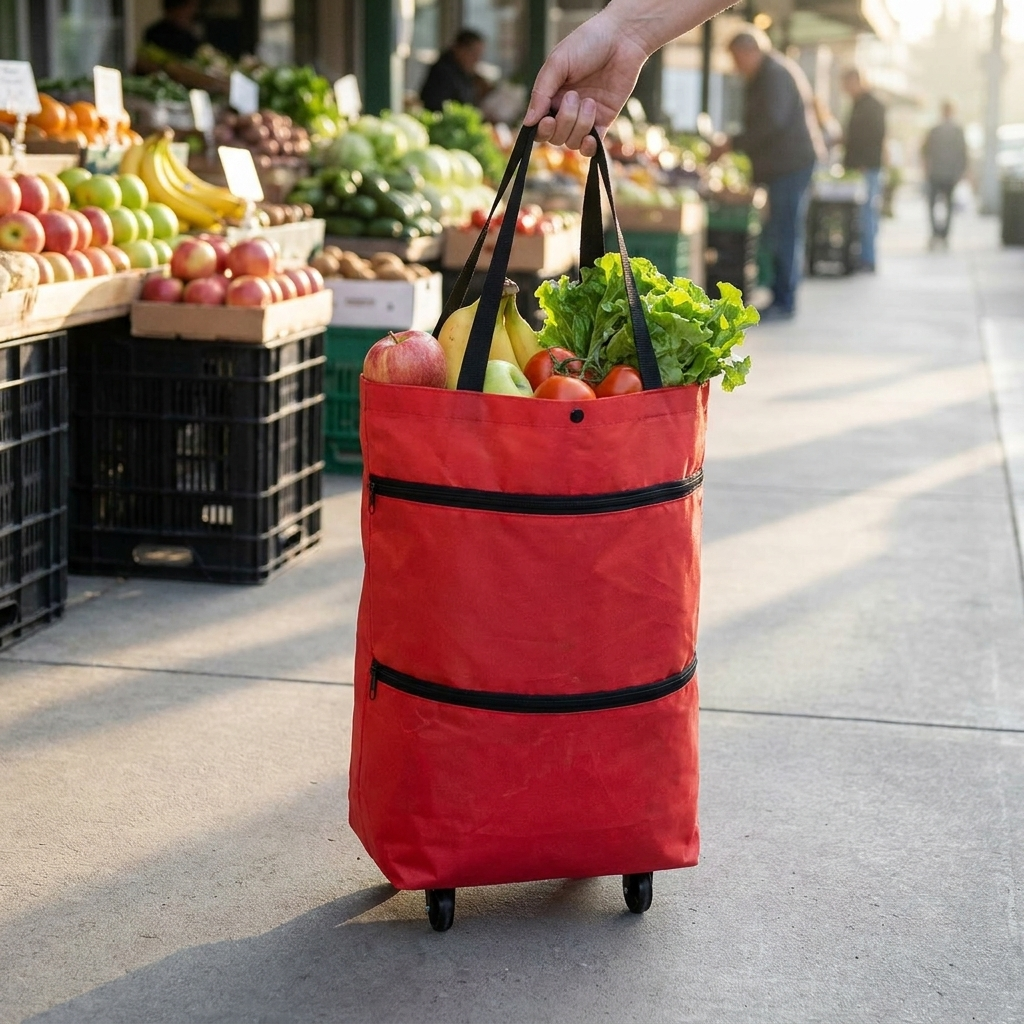 Sac de courses pliable rouge déplié en chariot, rempli de fruits et légumes, tiré par ses anses sur ses roulettes devant un marché