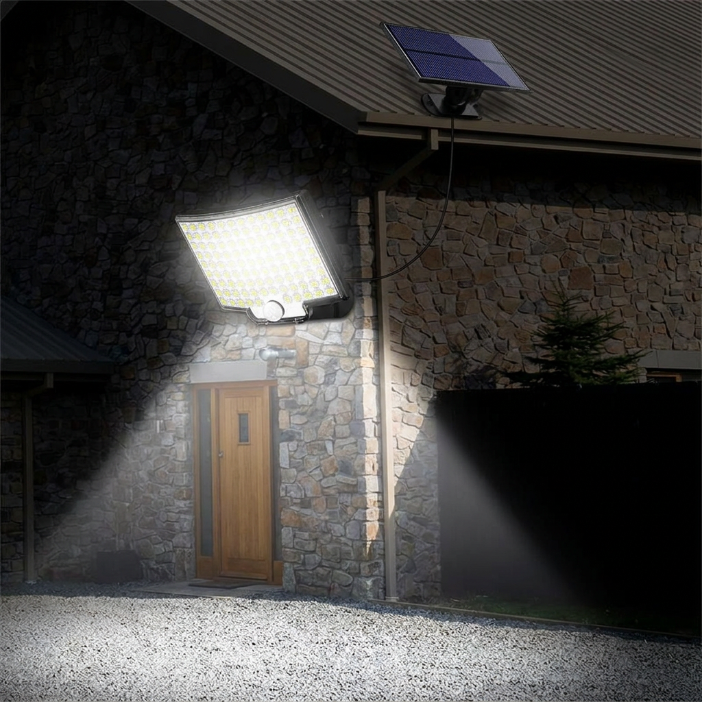 Lampe solaire 106 LED allumée la nuit sur une façade en pierre, panneau solaire déporté sous le toit relié par son câble, éclairant l'entrée et l'allée