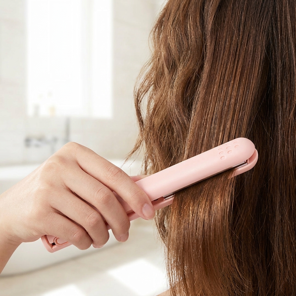 Mini lisseur rose sans fil tenu dans une main, lissant une mèche de cheveux châtains dans une salle de bain