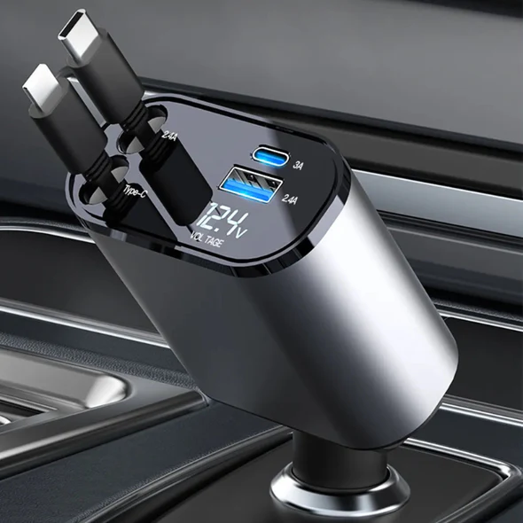 Chargeur Voiture 4en1 — Câbles Toujours Prêts