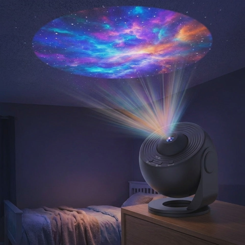 Le projecteur planétarium en fonctionnement : la nébuleuse tourne lentement au plafond d'une chambre dans le noir