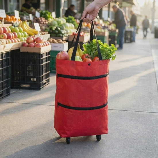 Le sac de courses rempli, tiré par ses anses, roule sur ses roulettes le long d'un trottoir