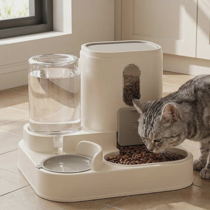 Chat tigré mangeant au distributeur 2 en 1 dans une cuisine
